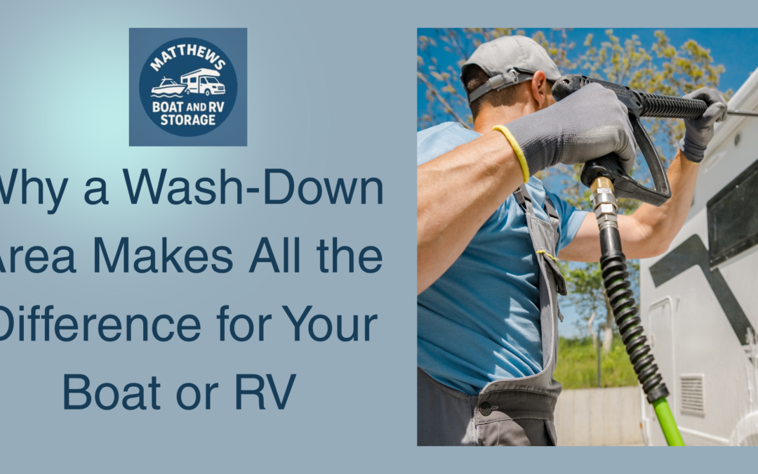 A person washing boat in wash down area for boat and RV and the blog title on the left